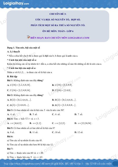 Dạng 1. Tìm ước, bội của một số Chủ đề 3 Ôn hè Toán 6